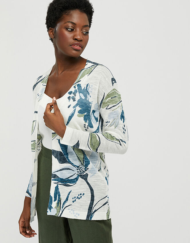Tilda Printed Knit Cardigan in Linen Blend, Ivory (IVORY), large