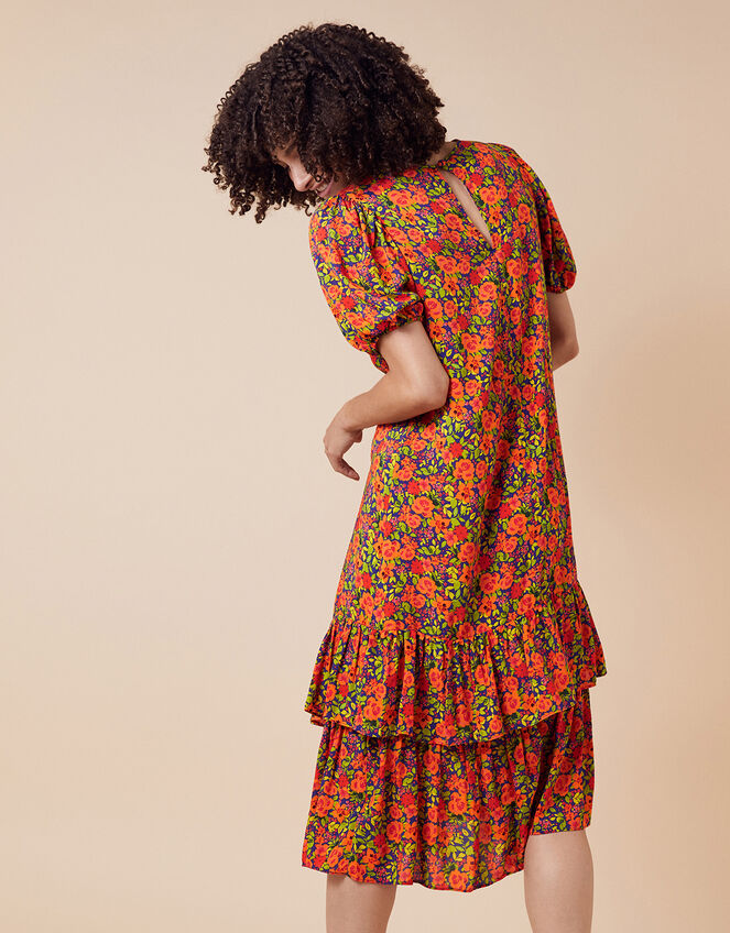 Romana Floral Tiered Hem Midi Dress, Orange (ORANGE), large