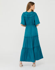 Sienna Satin Jacquard Tiered Midi Dress, Teal (TEAL), large