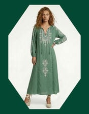 Raffya Aurelia Embroidered Maxi Kaftan Dress, Green (GREEN), large
