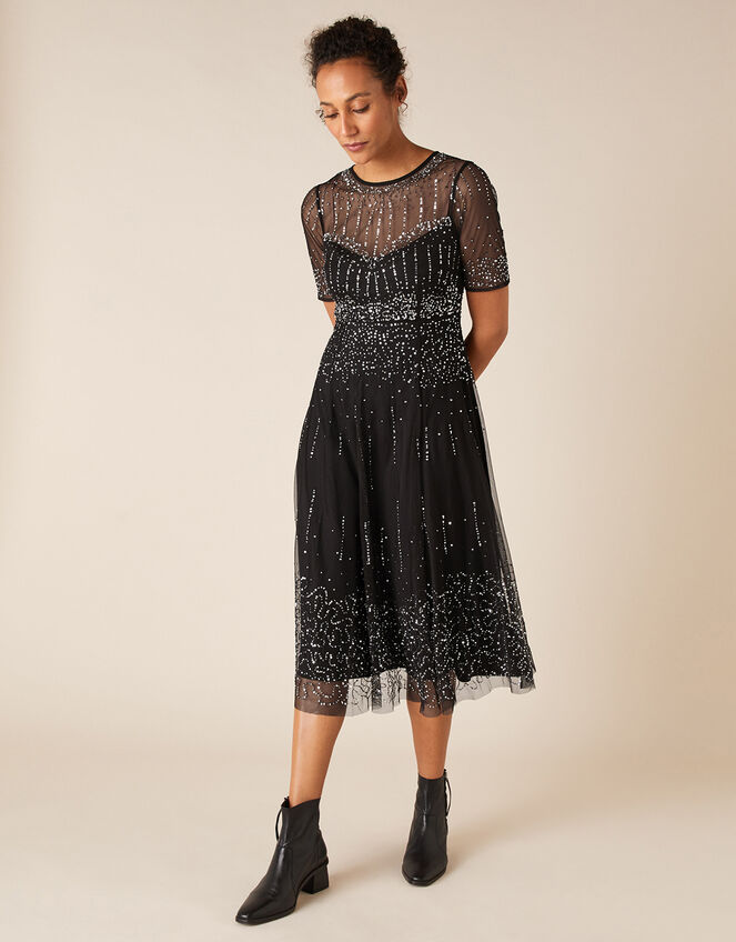Haley Sequin Midi Dress, Black (BLACK), large