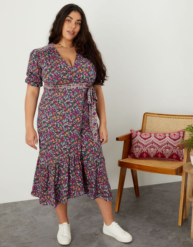 Contrast Wrap Print Jersey Dress , Multi (MULTI), large