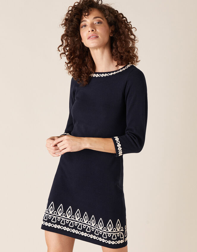 Cornelli Trim Knit Dress Blue Day Dresses Monsoon UK.