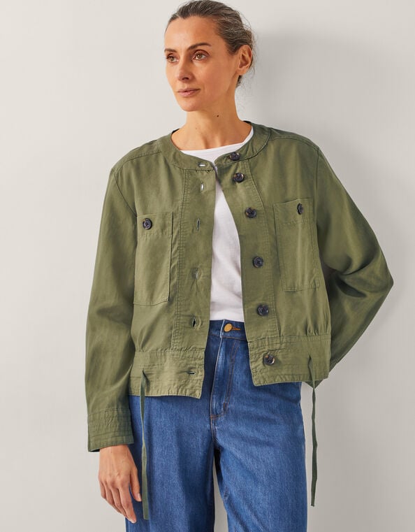 Cally Linen Blend Cropped Bomber Jacket, Green (KHAKI), large