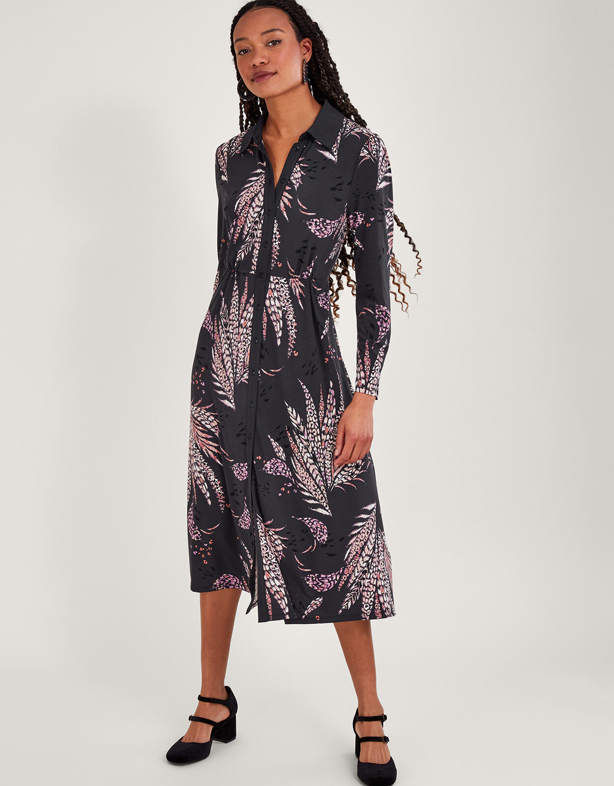 Feather Print Shirt Dress Black