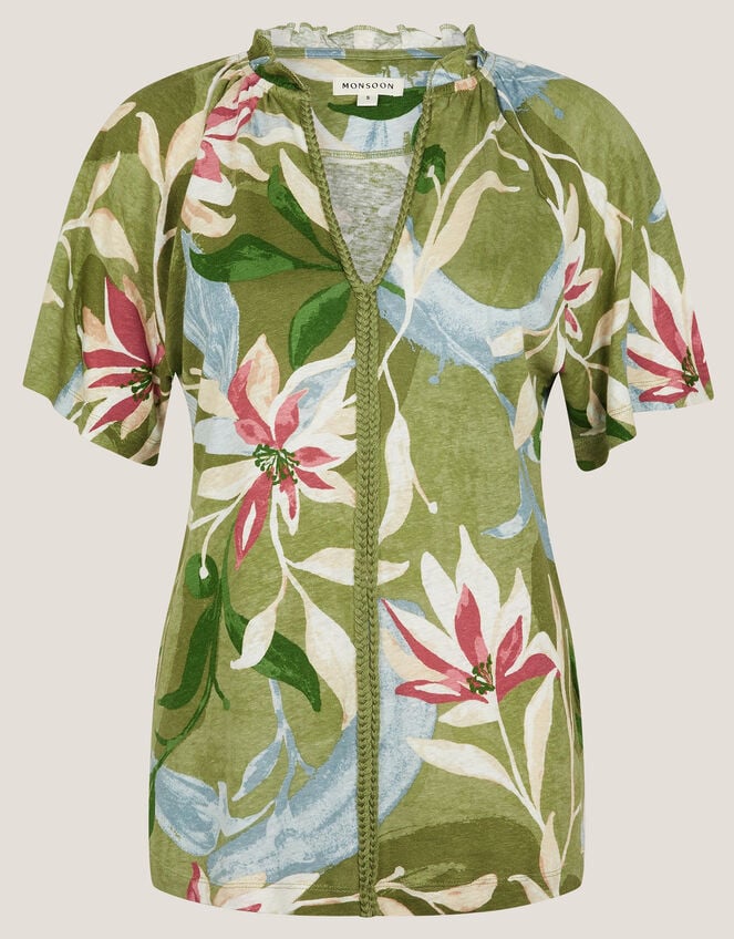 Piper Floral Linen-Blend Top, Green (KHAKI), large