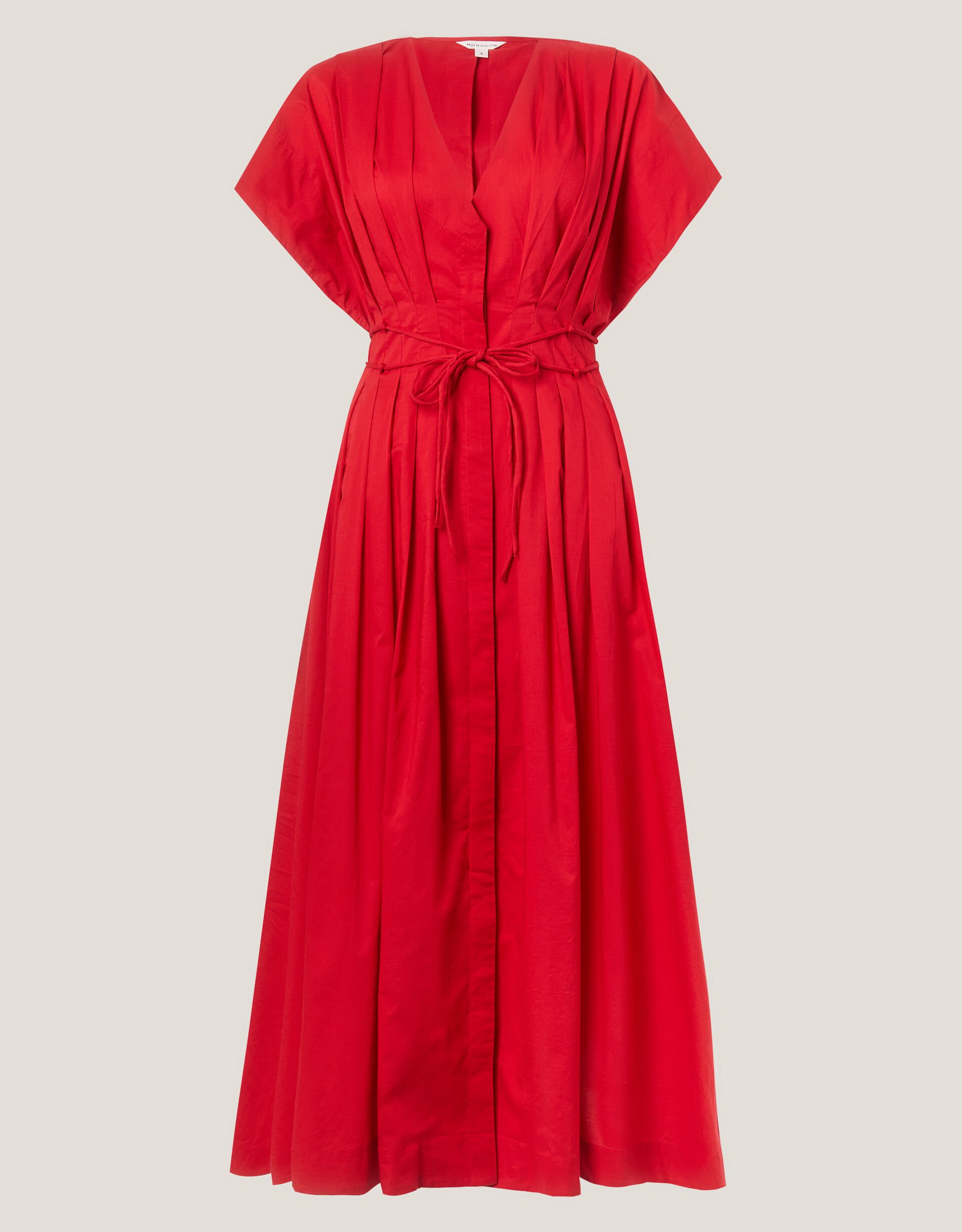Riviera Pleated Tie Waist Midi Dress, Red (RED), large