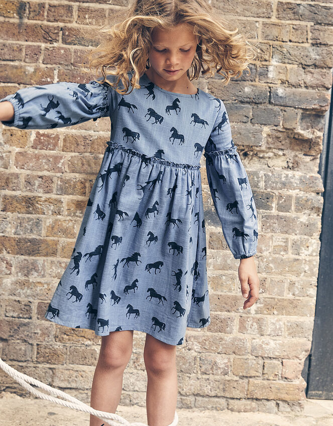 Horse Print Swing Dress, Blue (BLUE), large