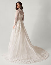 Lorelai Long Sleeve Floral Embellished Mesh Wedding Dress, Ivory (IVORY), large