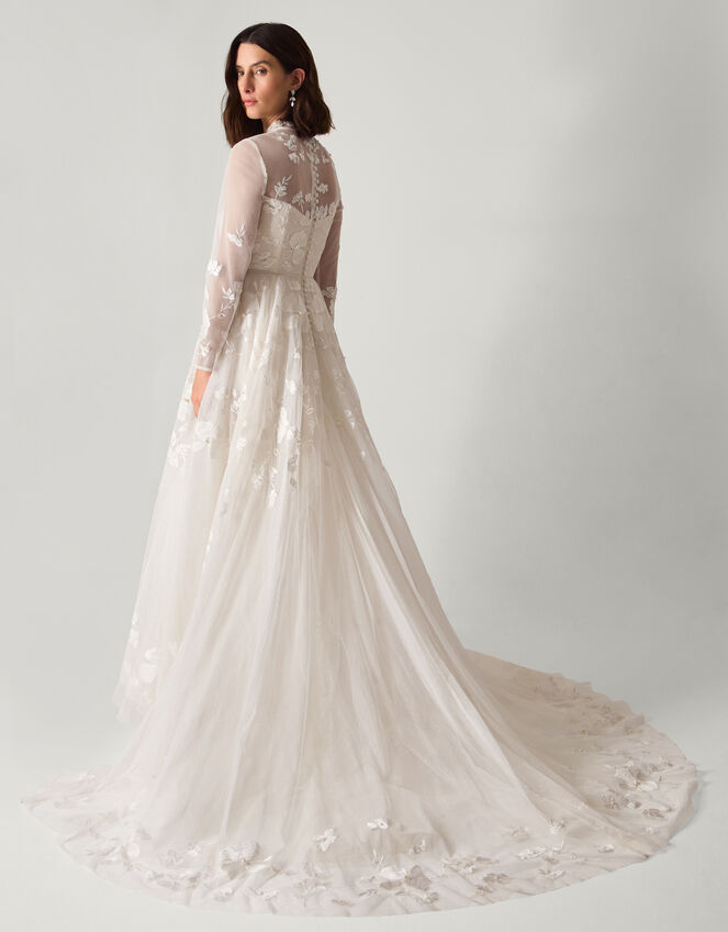Lorelai Long Sleeve Floral Embellished Mesh Wedding Dress, Ivory (IVORY), large