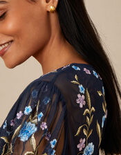 Ginny Embroidered Midi Dress in Recycled Polyester, Blue (NAVY), large