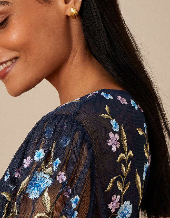 Ginny Embroidered Midi Dress in Recycled Polyester, Blue (NAVY), large