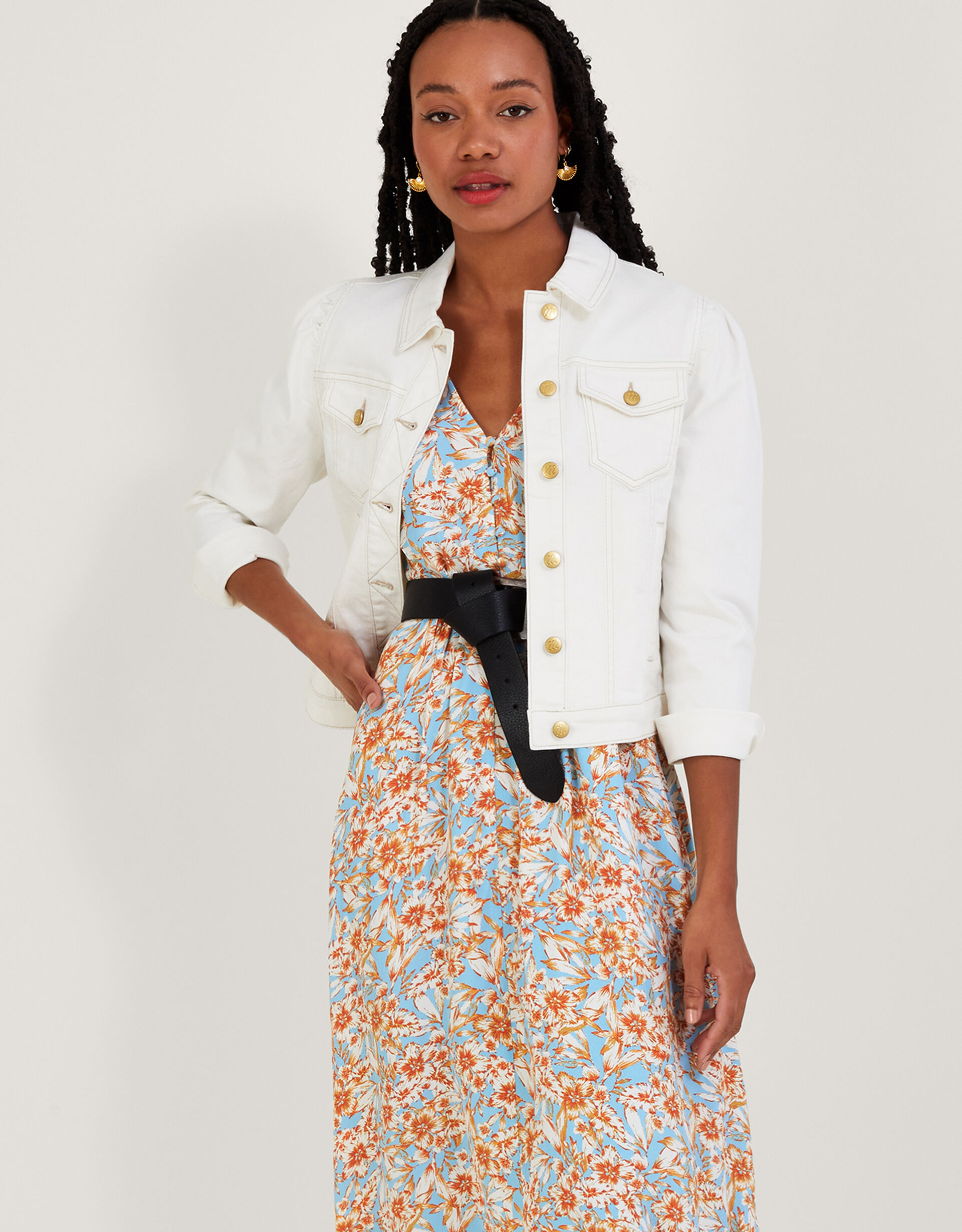 Keava Floral Print Tea Dress in Sustainable Viscose Blue Day Dresses Monsoon UK.