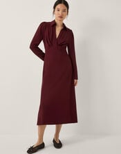 Polly Ponte Jersey Midi Shirt Dress, Red (BURGUNDY), large