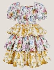 Floral Print Puff Sleeve Tiered Dress, Yellow (YELLOW), large