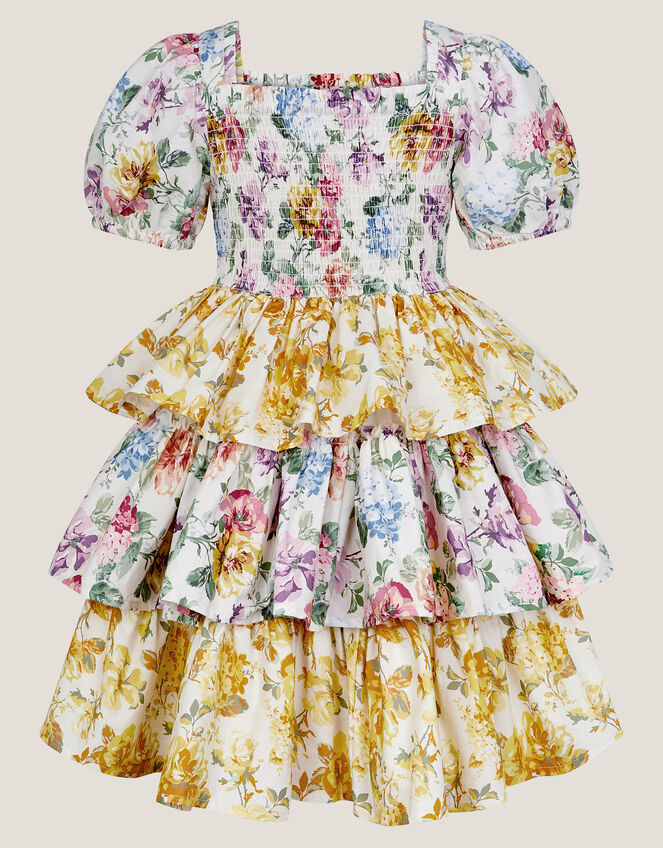 Floral Print Puff Sleeve Tiered Dress, Yellow (YELLOW), large