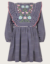 Floral Embroidered Stripe Ruffle Dress, Blue (NAVY), large