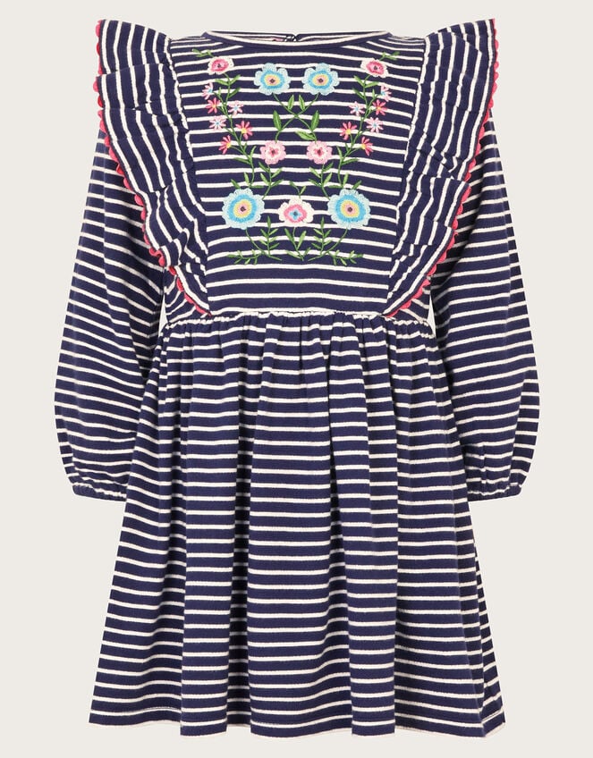Floral Embroidered Stripe Ruffle Dress, Blue (NAVY), large