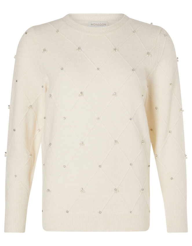 Embellished Diamond Stitch Knit Jumper, Ivory (IVORY), large