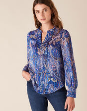 Paisley Print Pintuck Blouse, Blue (COBALT), large