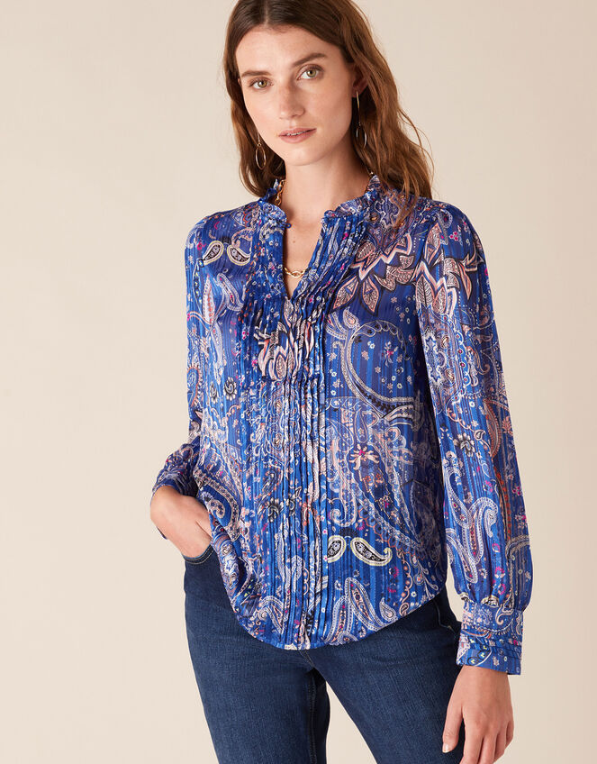Paisley Print Pintuck Blouse, Blue (COBALT), large