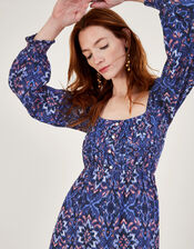 Isla Ikat Print Shirred Midi Dress in Sustainable Viscose, Purple (LILAC), large