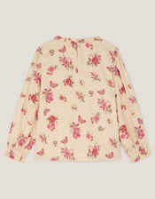 Butterfly Floral Smocked Blouse, Ivory (IVORY), large