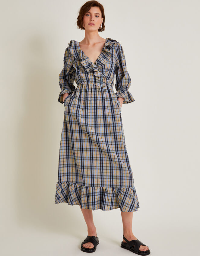 Daisy Check V-Neck Midi Dress Natural | Day Dresses | Monsoon UK.