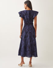 Josie Flutter Sleeve Floral Jacquard Midi Dress, Blue (NAVY), large