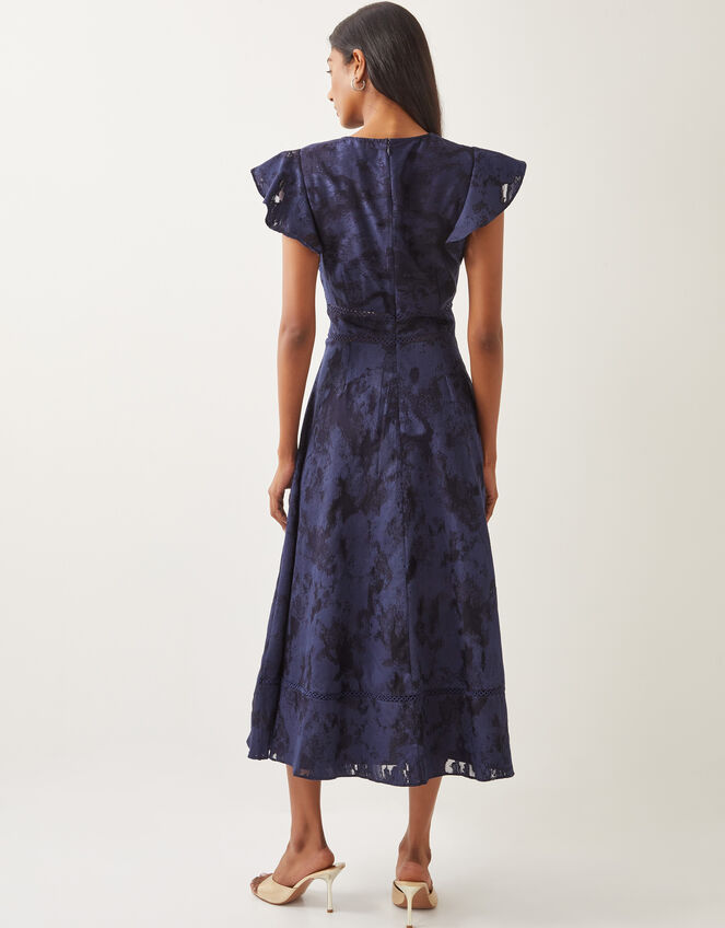 Josie Flutter Sleeve Floral Jacquard Midi Dress, Blue (NAVY), large