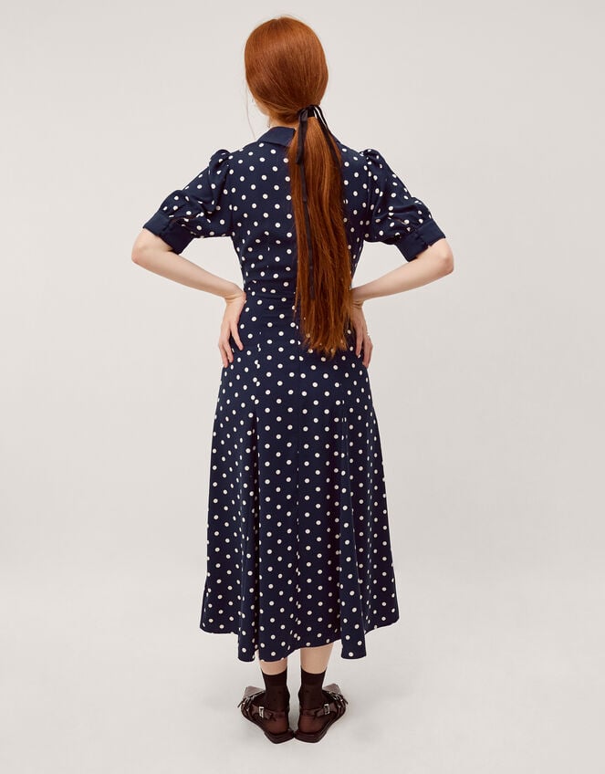 Kate Puff Sleeve Polka Dot Midi Dress, Blue (NAVY), large