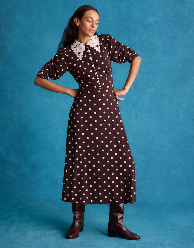 Paris Polka Dot Jersey Midi Dress, Brown (CHOCOLATE), large