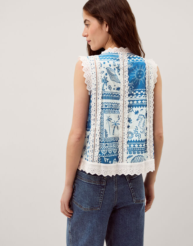 Soleil Print Lace Tank Top Blue