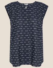 Printed Sleeveless Top, Blue (NAVY), large