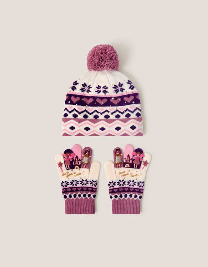 Princess Fair Isle Bobble Hat & Gloves Set, Pink (PINK), large
