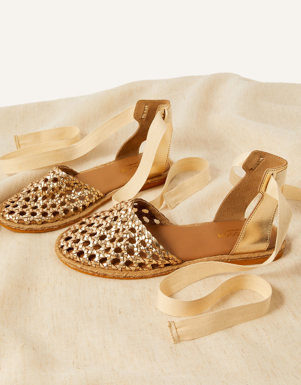Tie-Up Leather Woven Espadrille Wedges Gold