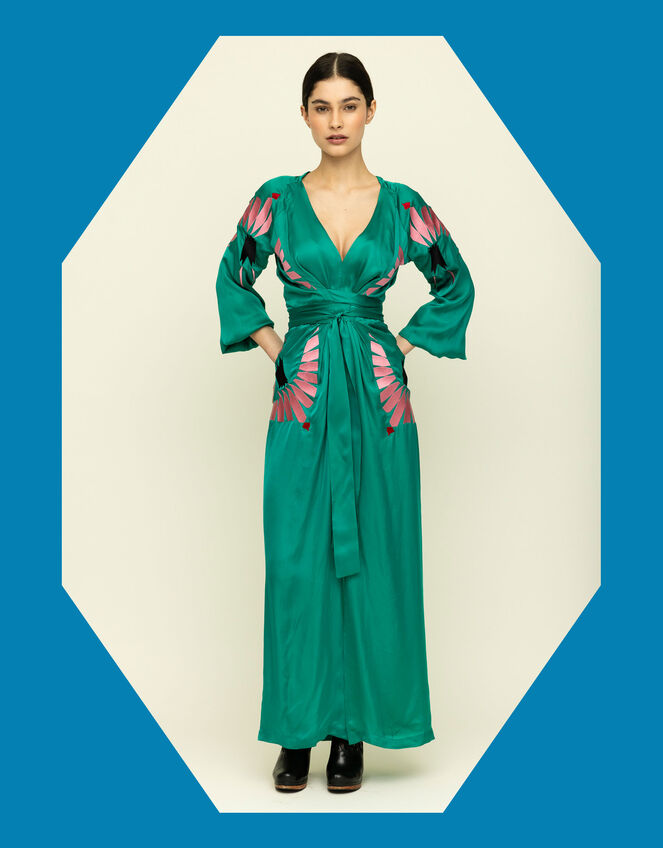 Tallulah & Hope Aziza Long Embroidered Wrap Dress, Green (GREEN), large