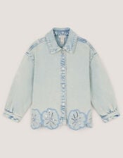 Flower Sequin Denim Jacket, Blue (BLUE), large