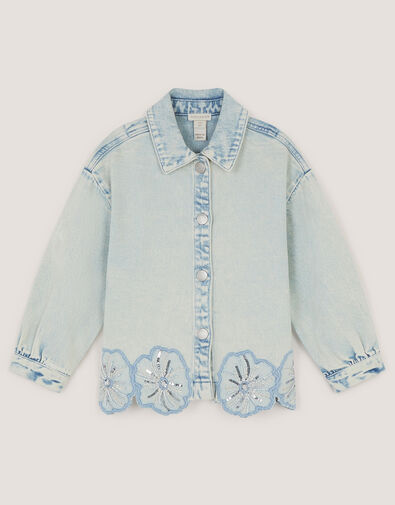Flower Sequin Denim Jacket, Blue (BLUE), large