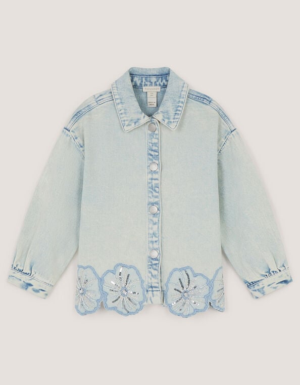 Flower Sequin Denim Jacket, Blue (BLUE), large