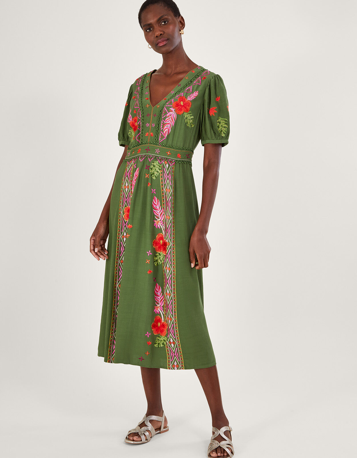 Farah Floral Embroidered Tea Dress Green