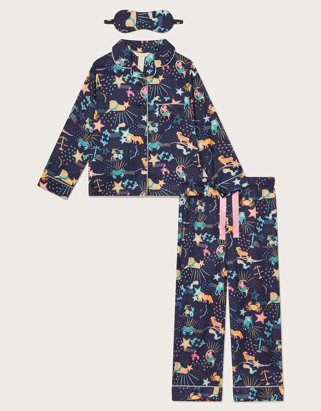 Zodiac Print Satin Pyjama Set, Blue (NAVY), large