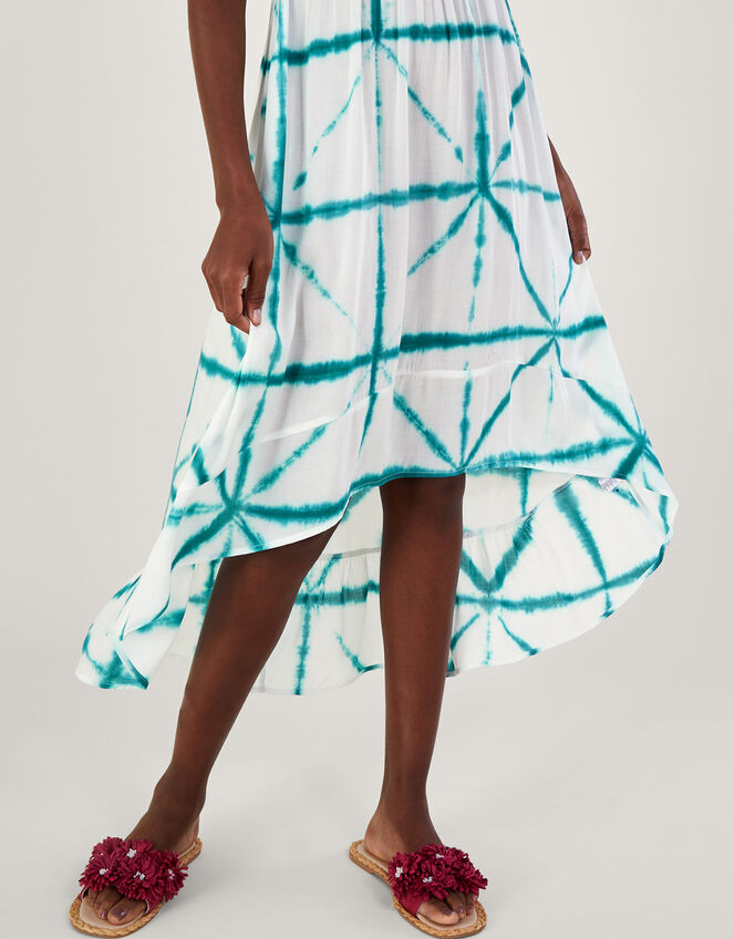 Tie Dye Cross Print High Low Dress, White (WHITE), large