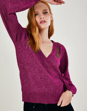 Beaded Flower Wrap Jumper with Recycled Polyester, Red (BERRY), large