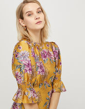 Floral Print Satin Midi Dress, Yellow (YELLOW), large