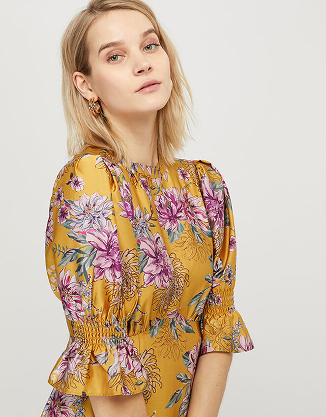 Floral Print Satin Midi Dress, Yellow (YELLOW), large