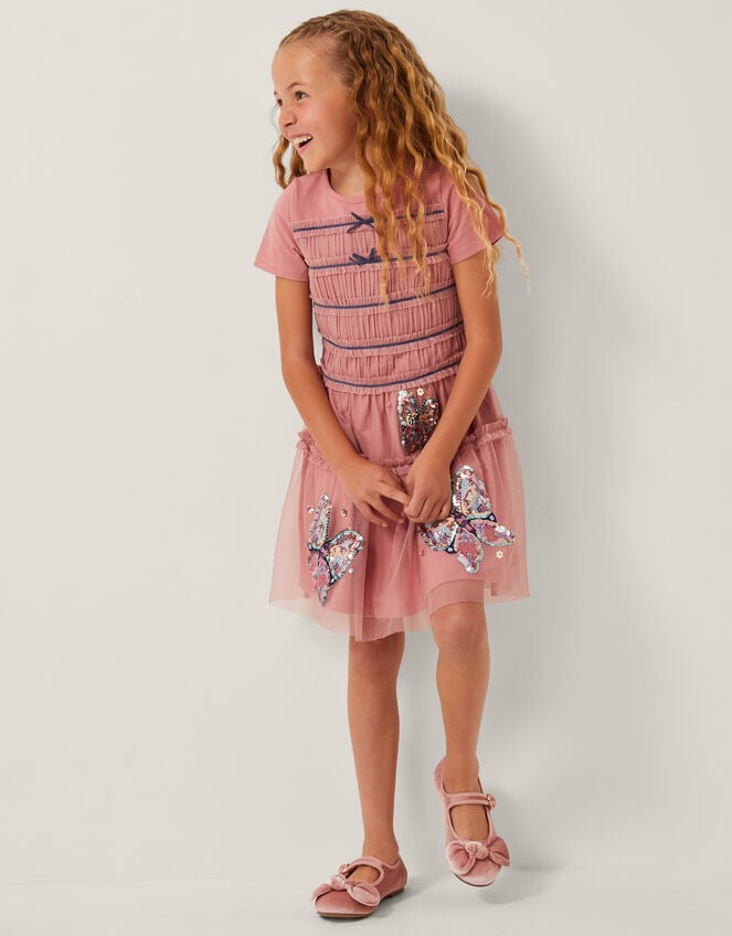 Sequin Butterfly Jersey Mesh Dress, Pink (PINK), large