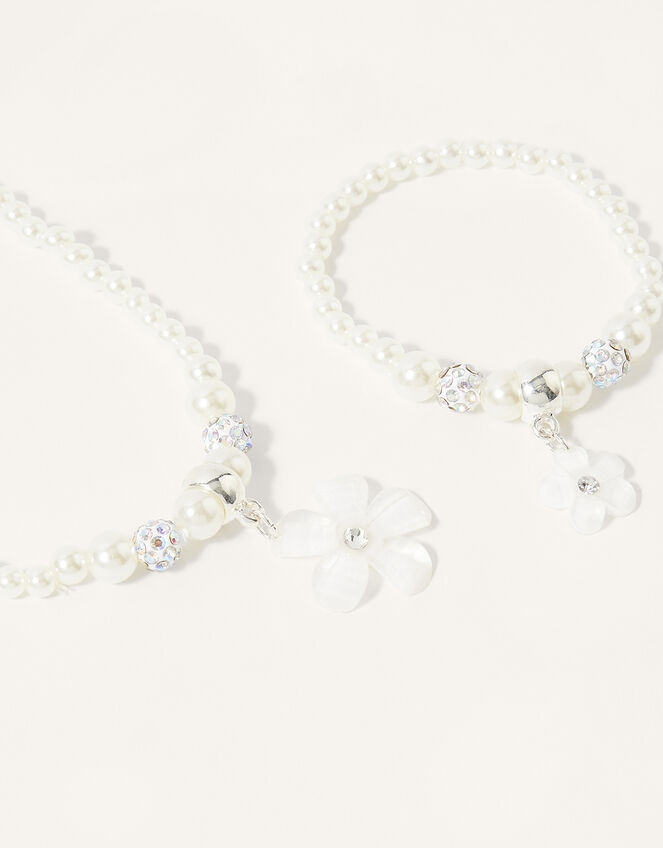 Jewel Flower Pearl Necklace and Bracelet Set, , large