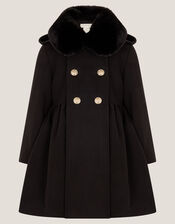 Faux Fur Collar Double-Breasted Coat, Black (BLACK), large