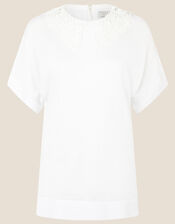 Short Sleeve Collar Jumper in Linen Blend, Ivory (IVORY), large